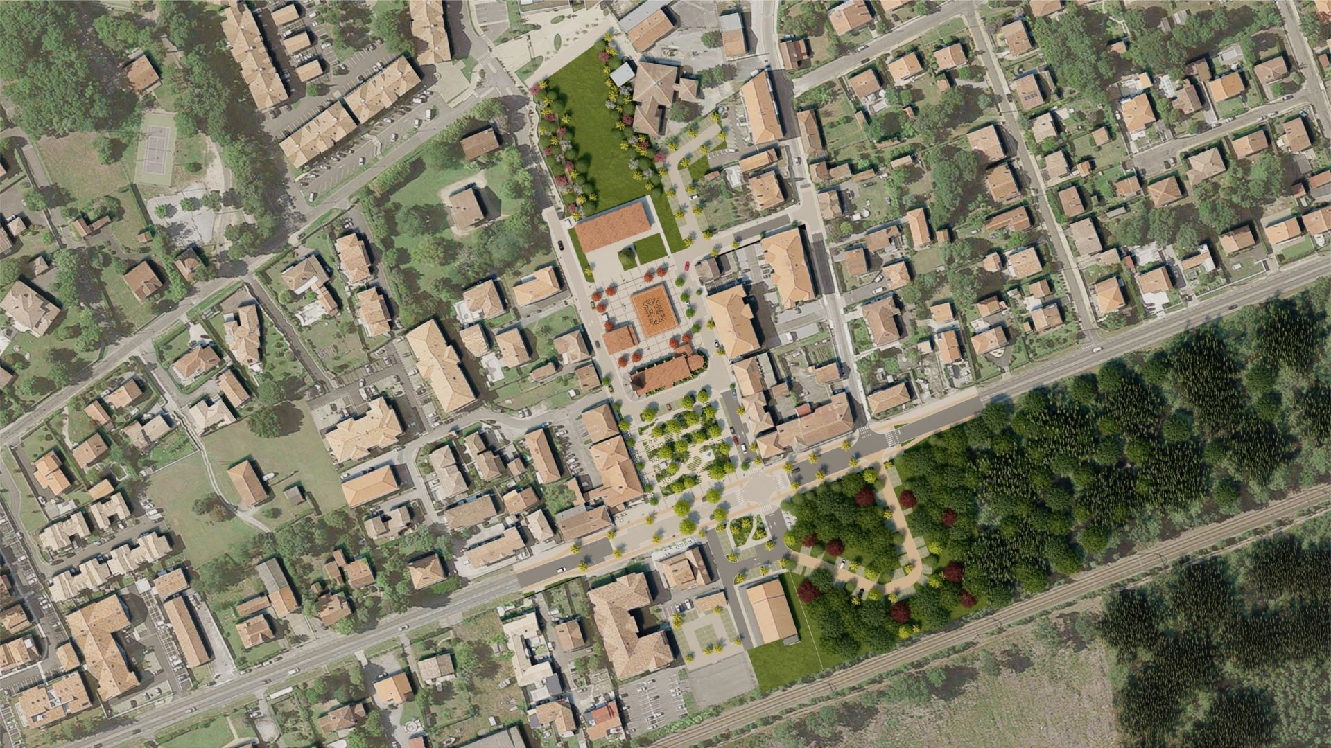 Vue aérienne du projet de rénovation et des nouveaux aménagements